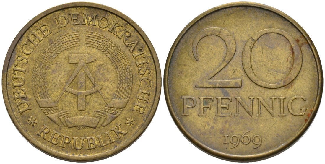 ГДР 20 пфеннигов 1969 А, первый год KM 11 латунь 4571-634
