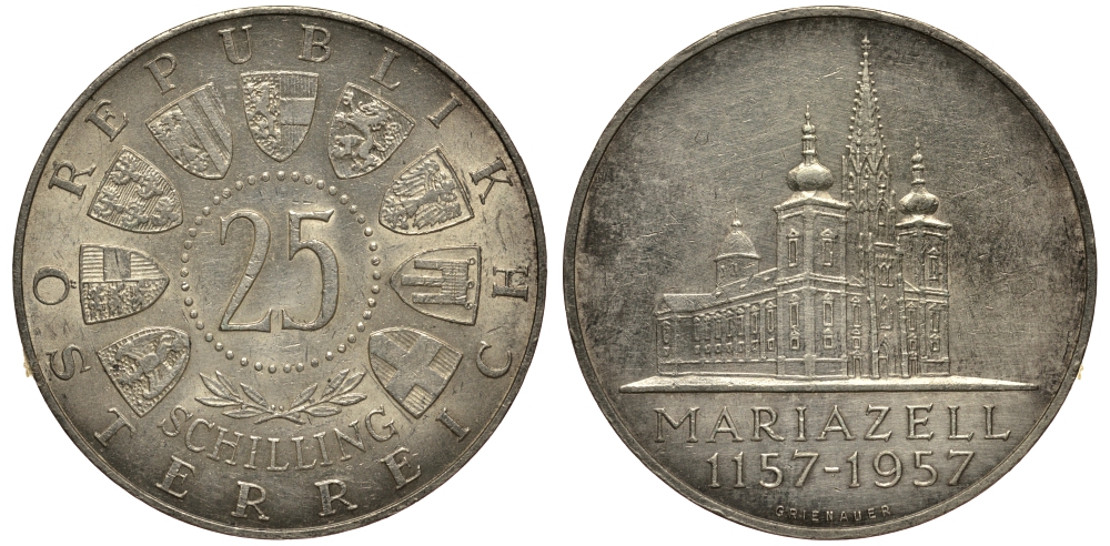 Австрия 25 шиллингов 1957 800 лет Базилике Мариацелля KM 2883 серебро aUNC 1520-134