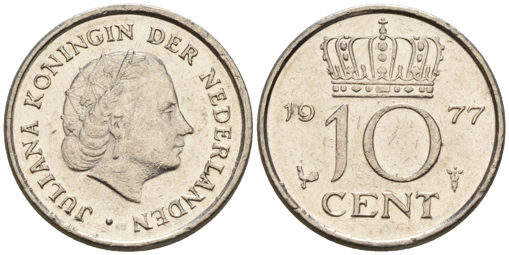 Нидерланды 10 центов 1977 Юлиана (1948-1980) КМ 182 никель    4602-537