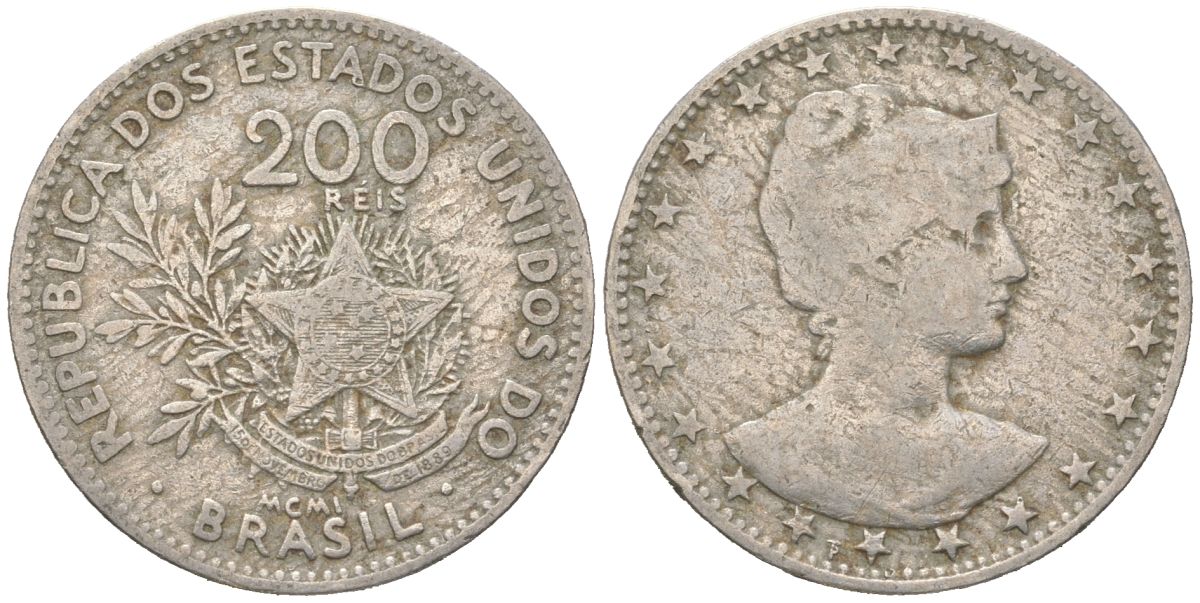 Бразилия 200 реалов 1901 MCMI, голова свободы вправо KM 504 медно-никель 4612-346