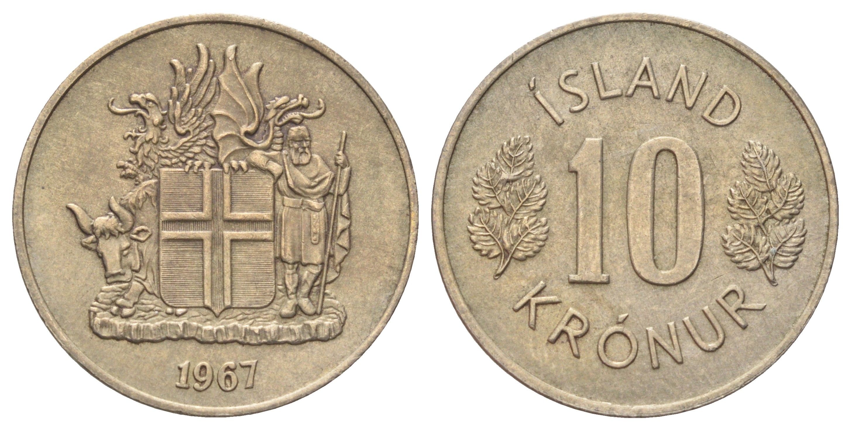 Исландия 10 крон 1967 KM 15 медно-никель UNC 4666-915