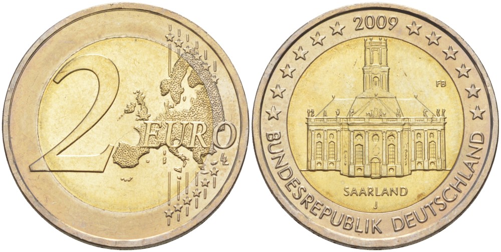 ФРГ 2 евро 2009 J, серия Федеральные земли, Саарланд, церковь Святого Людвига в Саарбрюккене KM 276 биметалл UNC 4111-822