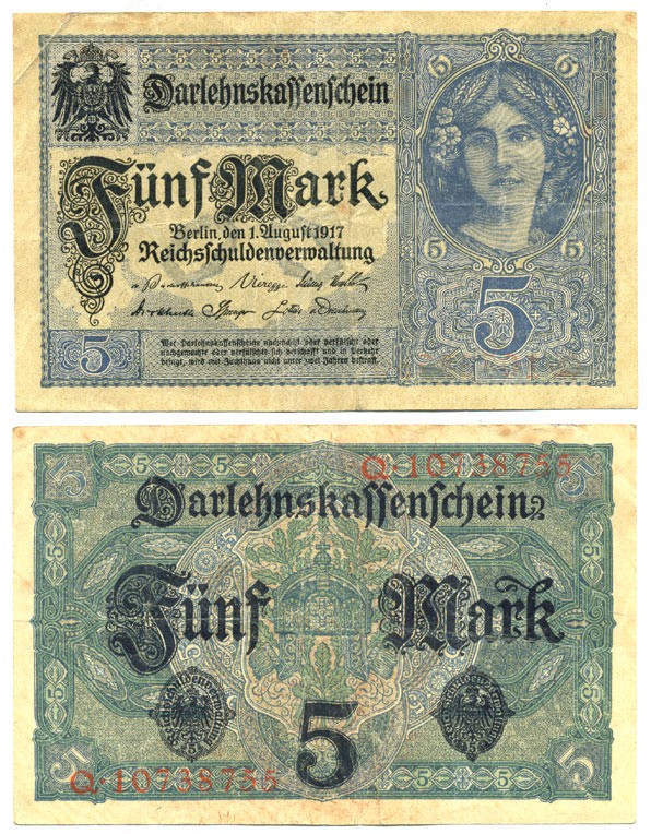 ГЕРМАНИЯ 5 МАРОК 1917 ВОСЕМЬ ЦИФР В НОМЕРЕ Pick 56b бумага 7207-48-1