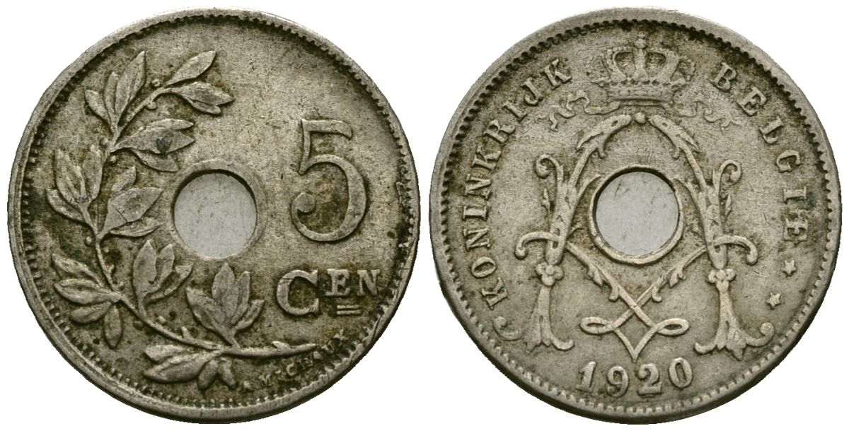 Бельгия 5 сантимов 1920 Belgie KM 67 медно-никель 4173-638