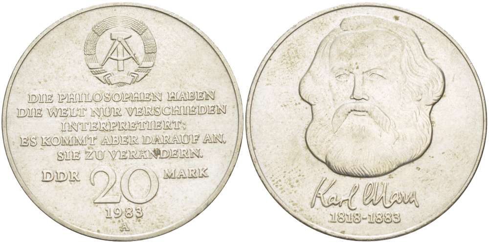 ГДР 20 марок 1983 А, 100 лет со дня смерти Карла Маркса (1818-1883) J. 1592, KM 95 медь никель цинк 4521-515