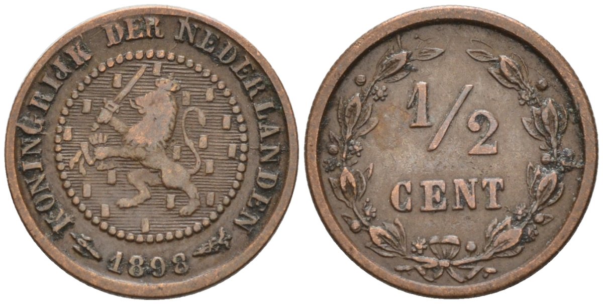 Нидерланды 1/2 цента 1898 Вильгельмина (1890-1948) KM 109 бронза 4576-313