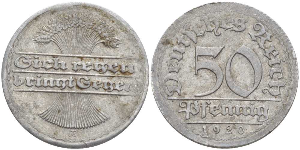 ГЕРМАНИЯ 50 ПФЕННИГОВ 1920 G KM 27, J. 301, Weege 10 алюминий 4388-145