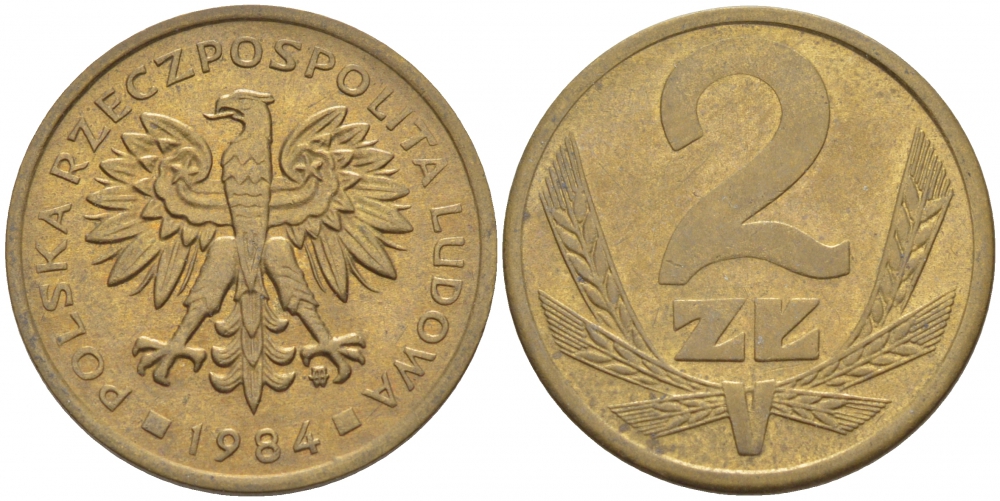 ПОЛЬША 2 ЗЛОТЫХ 1984 MW KM 80.1 латунь 112-1267