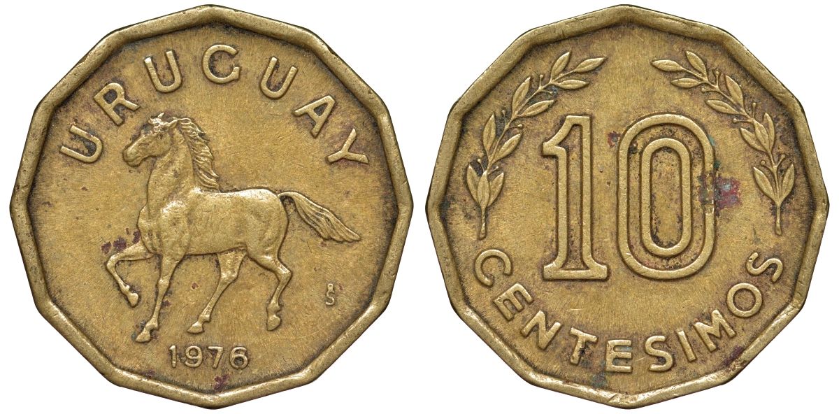 Уругвай 10 сентесимо 1976 KM 66 алюминиевая бронза 4164-753