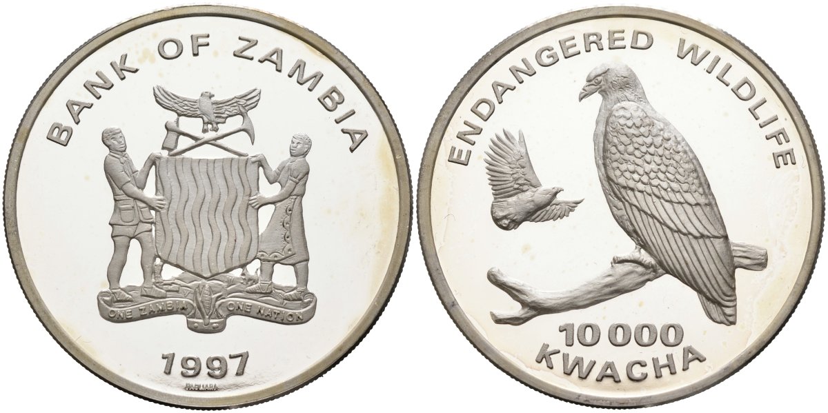 Замбия 10000 квача 1997 серия дикая природа под угрозой исчезновения, птица KM 116 серебро PROOF 00-00
