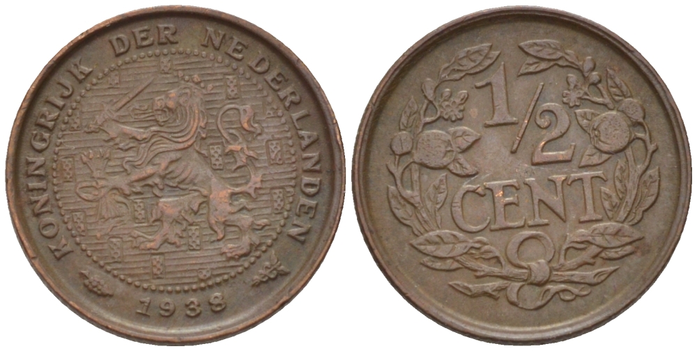 НИДЕРЛАНДЫ 1/2 ЦЕНТА 1938 ВИЛЬГЕЛЬМИНА (1890-1948) KM 138 бронза 39-236