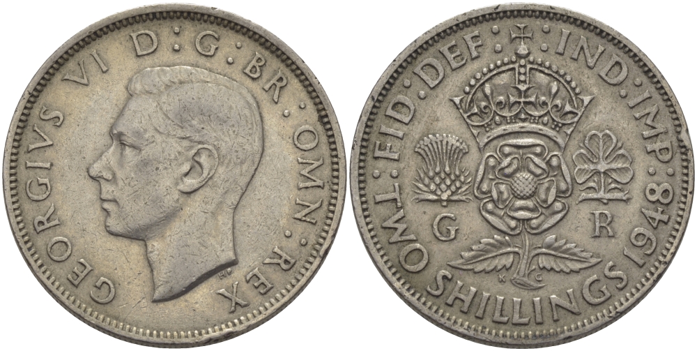 Великобритания 2 шиллинга (флорин) 1948 Георг VI (1936-1952) KM 865, Spink 4102 медно-никель 97-1123