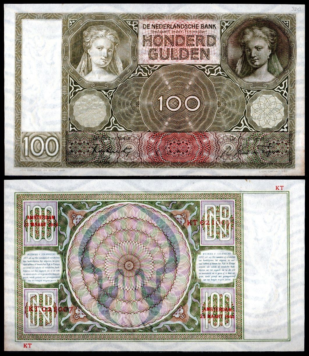 Нидерланды 100 гульденов 1944 "Мария Магдалина" (автор Ян Скорель) Pick 51 c бумага aUNC 451-1137-2