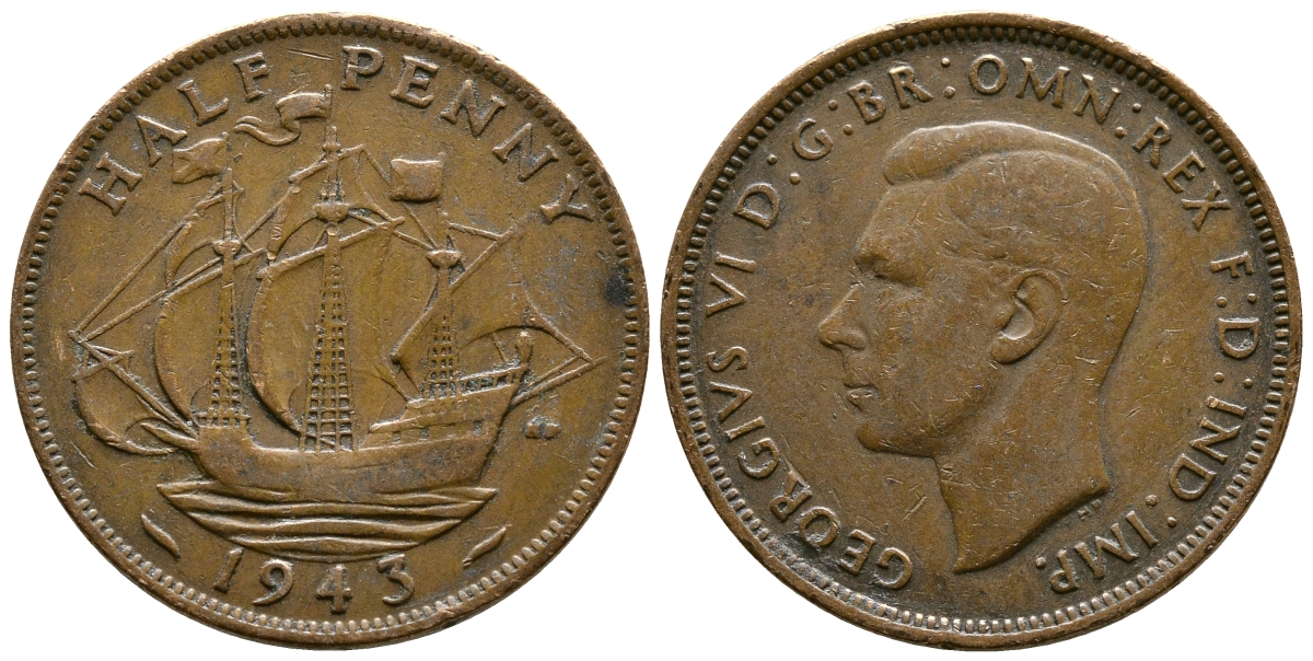 Великобритания 1/2 пенни 1943 Георг VI (1936-1952) KM 844, Spink 4115 бронза 73-1112