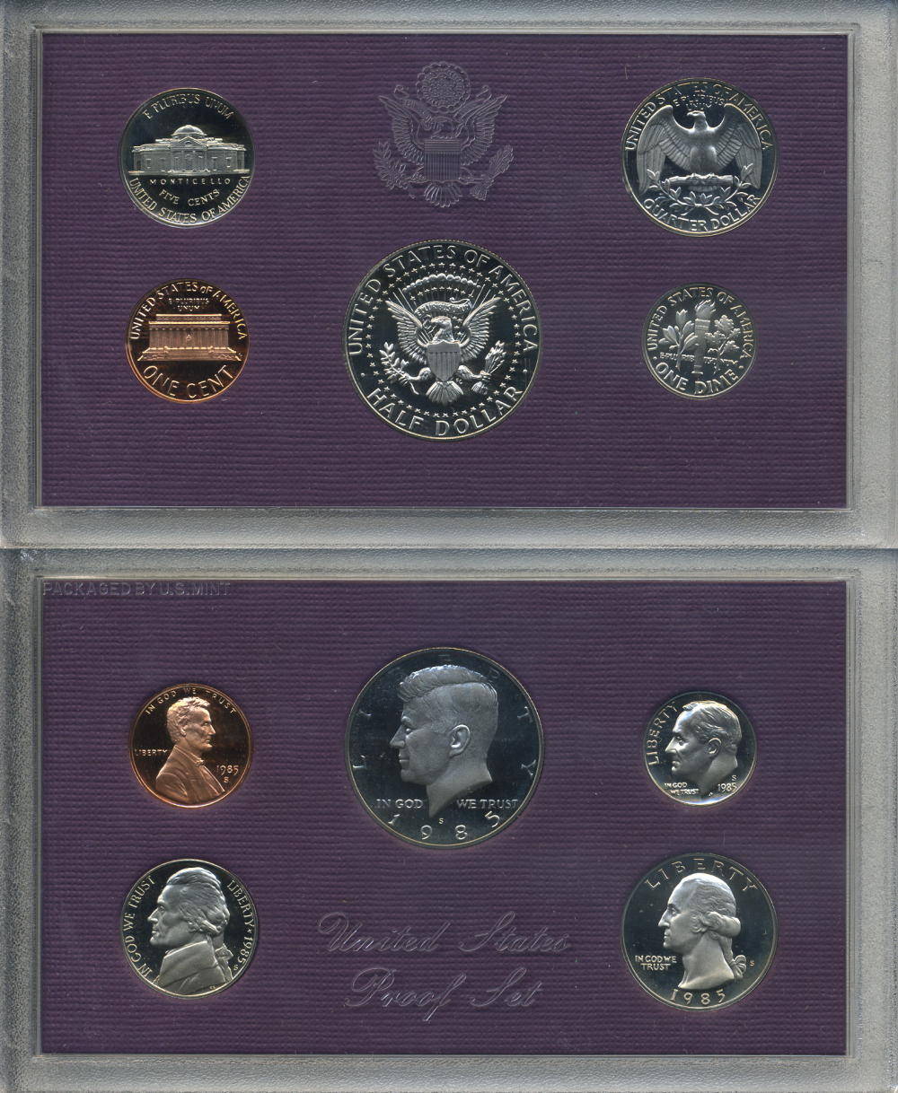 США официальный набор из 5 монет 1985 S, набор президентов, в пластике, оригинальная коробка, Кеннеди PROOF 3-6-2-30