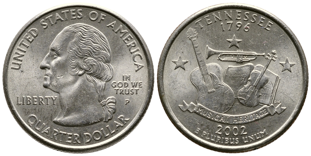 США 25 центов = квотер 2002 P, серия штаты США, Теннесси KM 331 медь плакированная медно-никелем UNC 80-254
