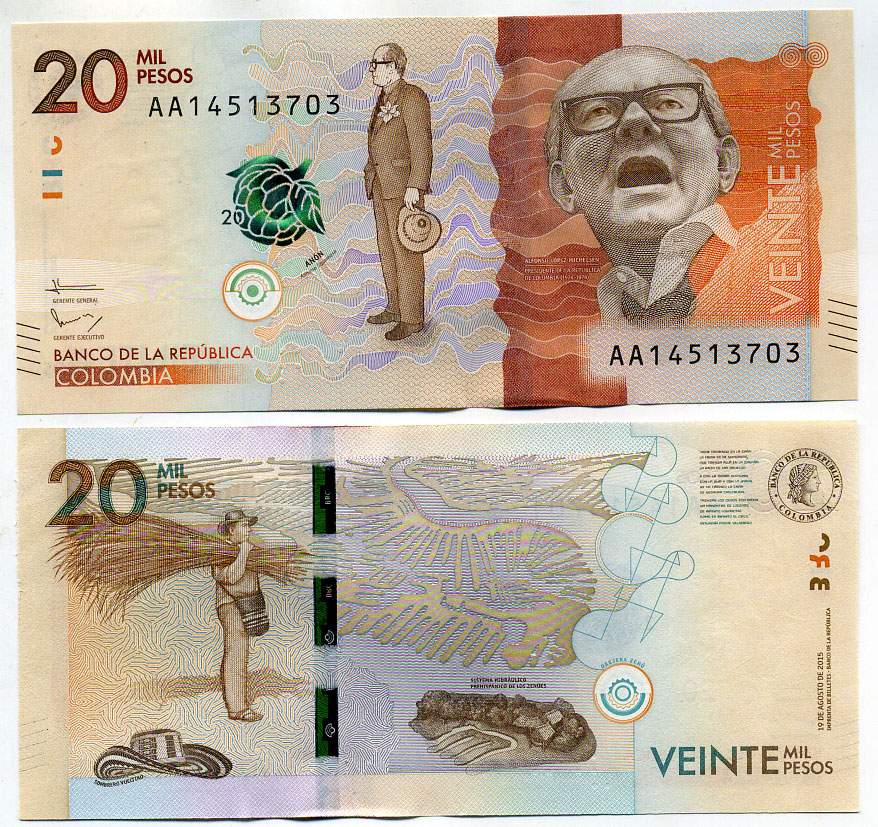 Колумбия 20000 песо 2015 Альфонсо Лопес Микельсен, мужчина с тростником Pick 461 а бумага UNC (пресс) 449-39-2