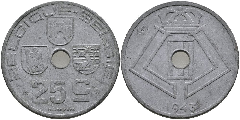 БЕЛЬГИЯ 25 САНТИМОВ 1943 BELGIQUE-BELGIE, ГЕРМАНСКАЯ ОККУПАЦИЯ, ВТОРАЯ МИРОВАЯ ВОЙНА KM 131 цинк 94-226