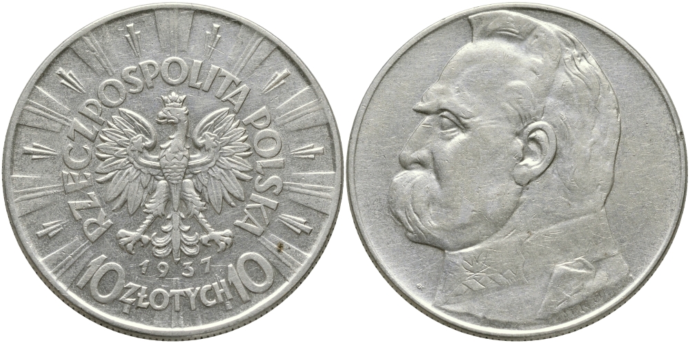 Польша 10 злотых 1937 w, Пилсудский KM 29, Parchimowicz 124d серебро 441-1025