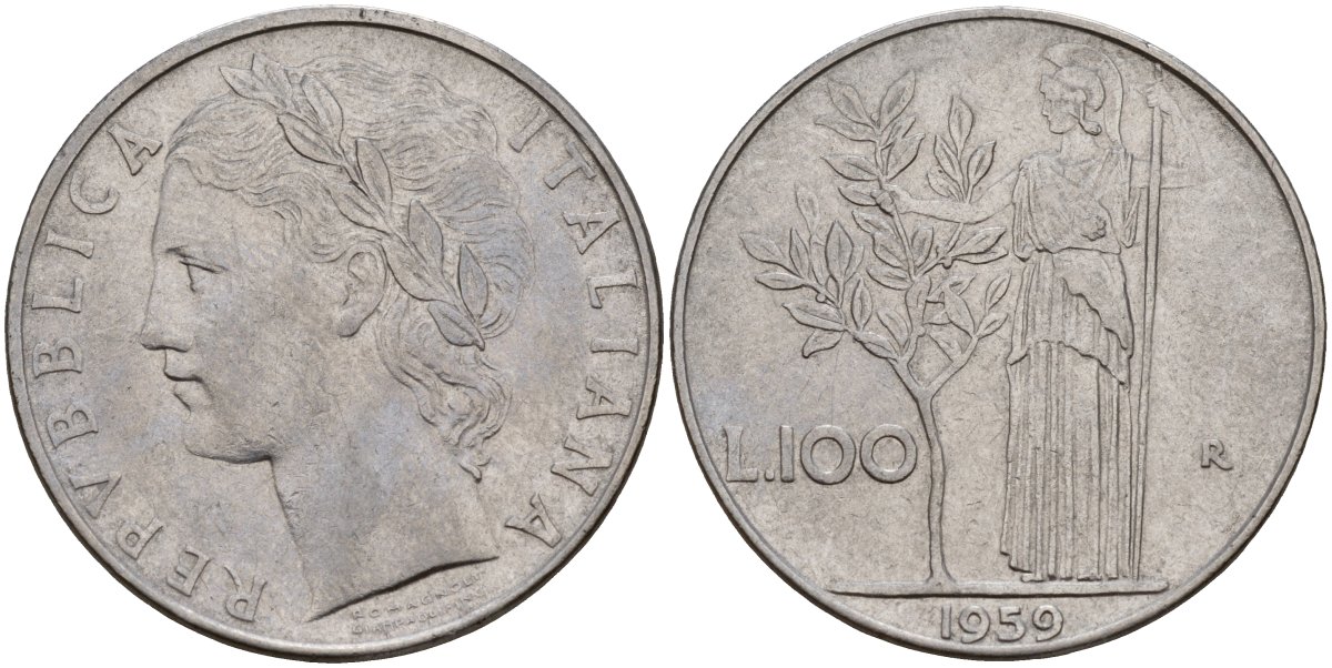Италия 100 лир 1959 R, Афина у оливкого дерева KM 96.1 нержавеющая сталь 4149-1214