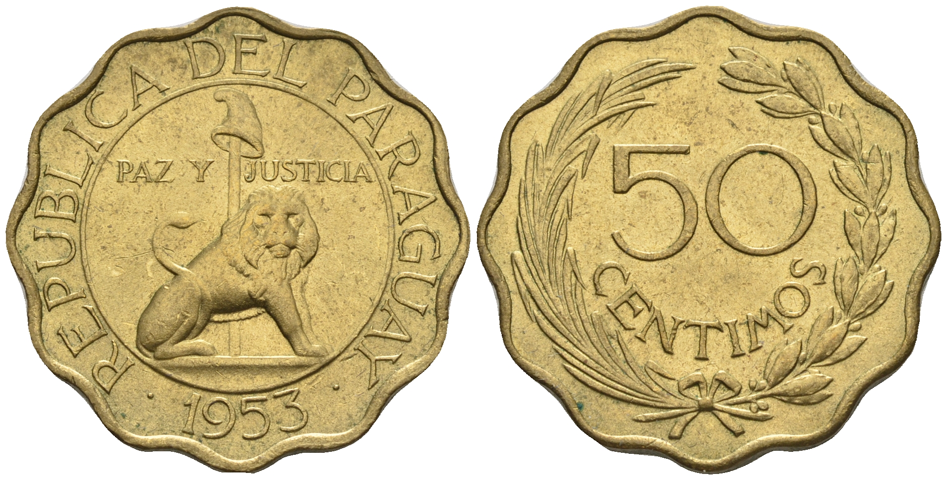 Парагвай 50 сентимо 1953 лев, фригийский колпак на шесте KM 28 алюминиевая бронза  aUNC  4176-1123