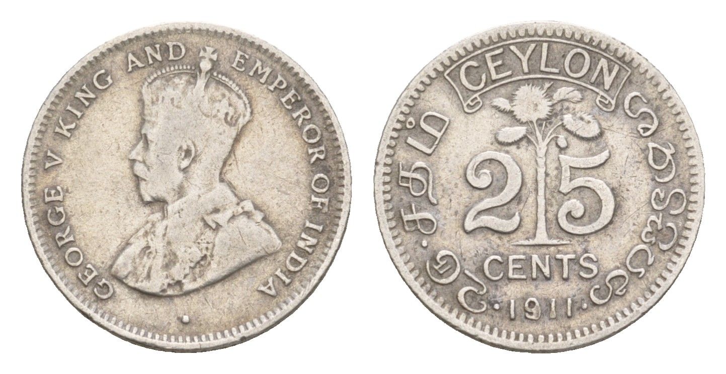 Цейлон 25 центов 1911 Георг V (1910-1936) KM 105 серебро 4655-246