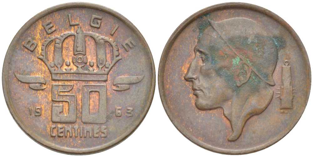 БЕЛЬГИЯ 50 САНТИМОВ 1963 BELGIE, БОДУЭН I (1951-1993) KM 149.1 бронза 214-166