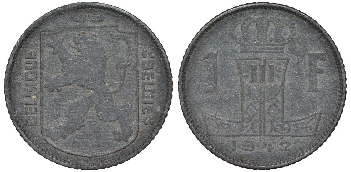 Бельгия 1 франк 1942 Леопольд III, Belgique-Belgie KM 127 цинк 4163-147