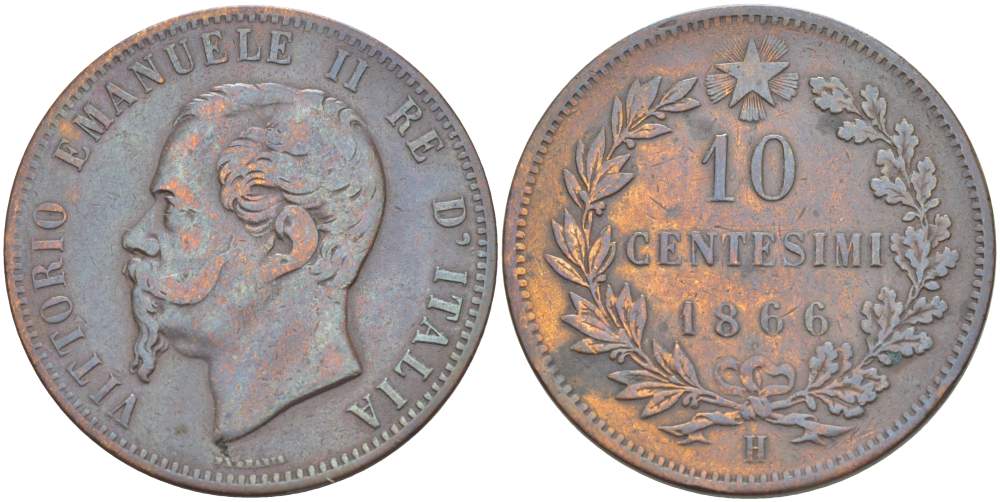 ИТАЛИЯ 10 ЧЕНТЕЗИМО 1866 H, МОНДВОР БИРМИНГЕМ, ВИКТОР ЭММАНУИЛ II (1861-1878) KM 11.3 медь 4526-814