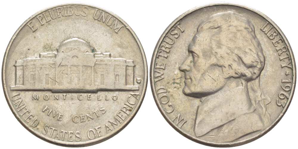 США 5 ЦЕНТОВ 1963 ДЖЕФФЕРСОН KM А192 медно-никель 119-851