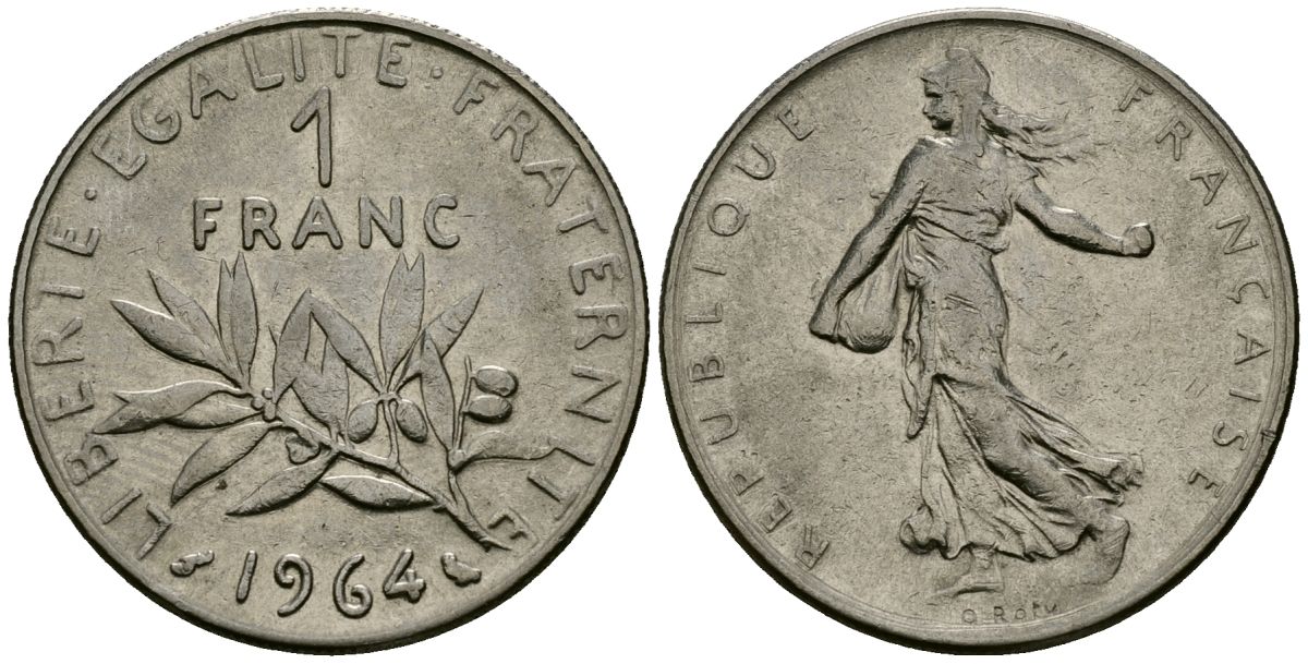 Франция 1 франк 1964 сеятель KM 925.1, Le Franc 226.8 никель 4135-823