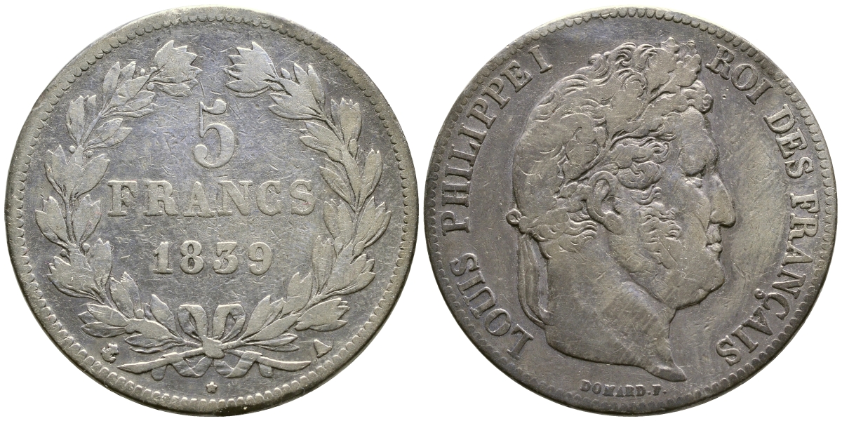Франция 5 франков 1839 А, Луи Филипп I (1830-1848) KM 749.1 серебро 79-1223