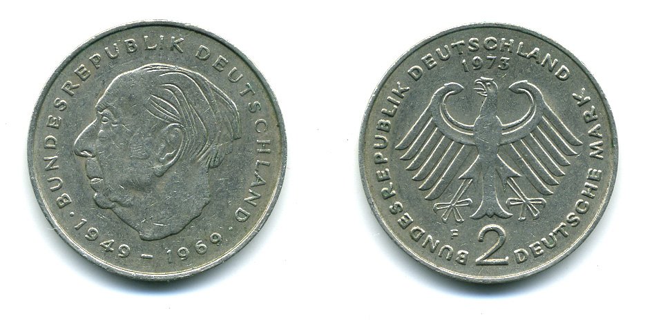ФРГ 2 марки 1973 F, Теодор Хойс, 20 лет Федеративной Республике (1949-1969) KM A127, J. 407 медно-никель плакированный никелем плакированный никелем 46-1855