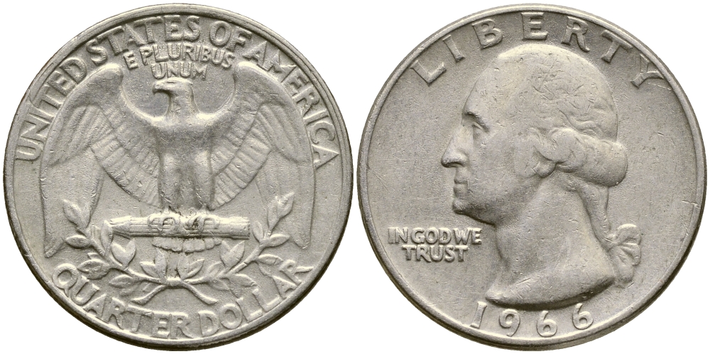 США 25 центов (квотер) 1966 Вашингтон KM 164a медь плакированная медно-никелем 4388-344