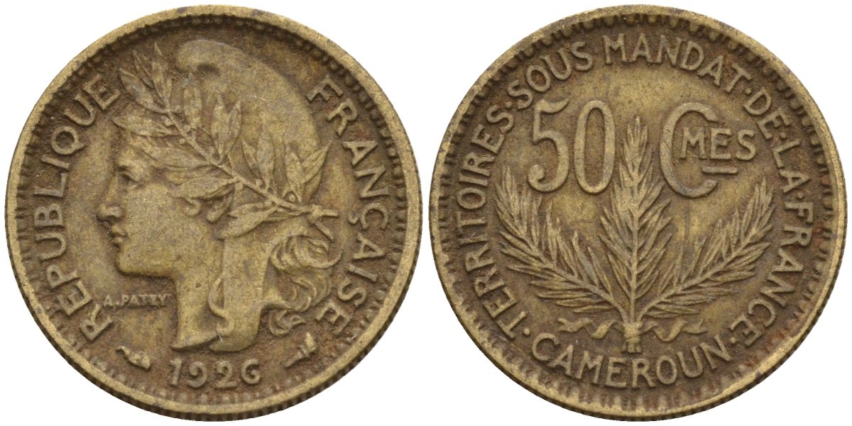 Камерун 50 сантимов 1926 (a), мондвор Париж KM 1 алюминиевая бронза 4169-1136