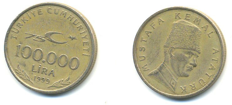 ТУРЦИЯ 100000 ЛИР 1999 75 ЛЕТ РЕСПУБЛИКЕ KM 1078 медь никель цинк 3999-1243