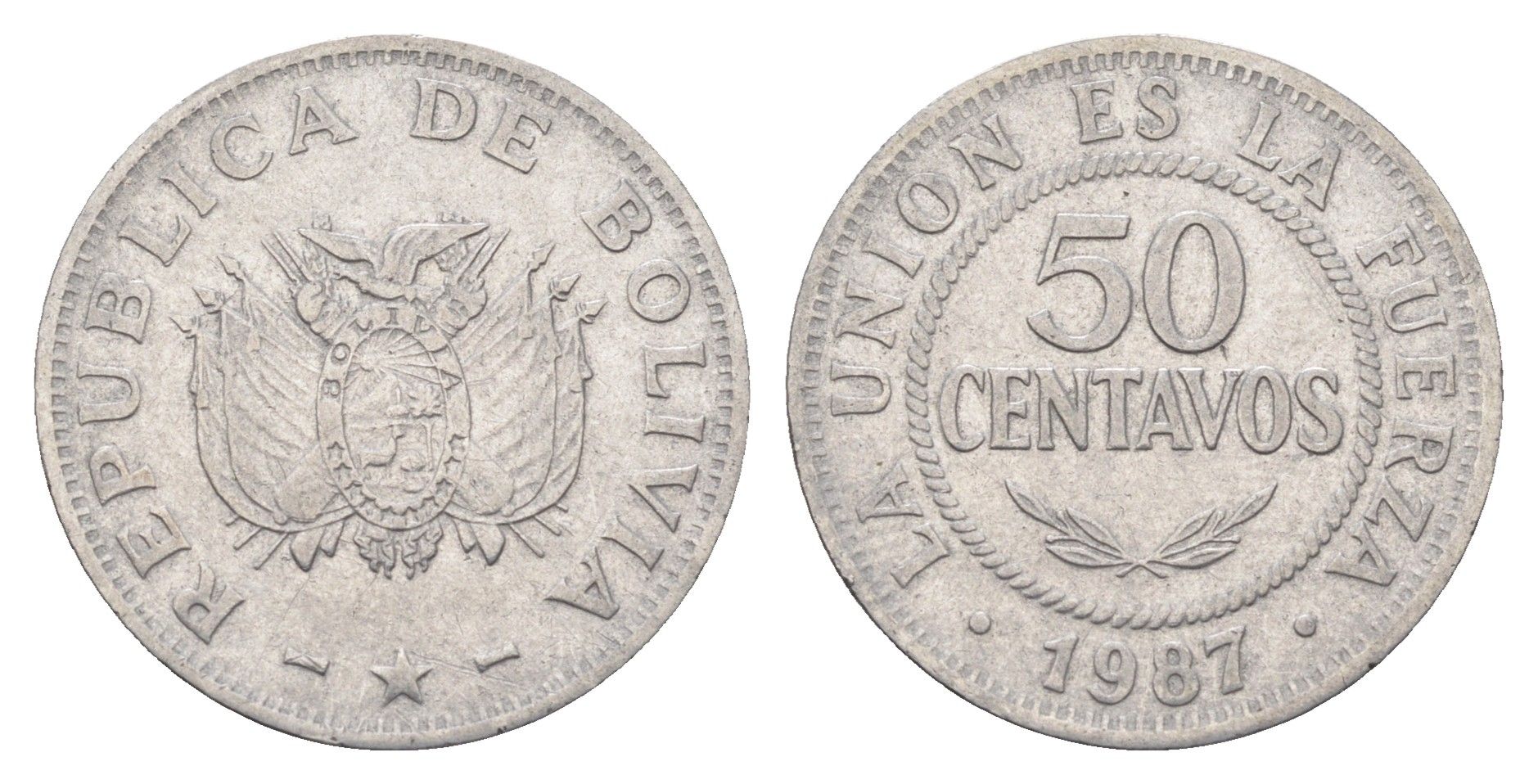 Боливия 50 сентаво 1987 KM 204 нержавеющая сталь 4663-335