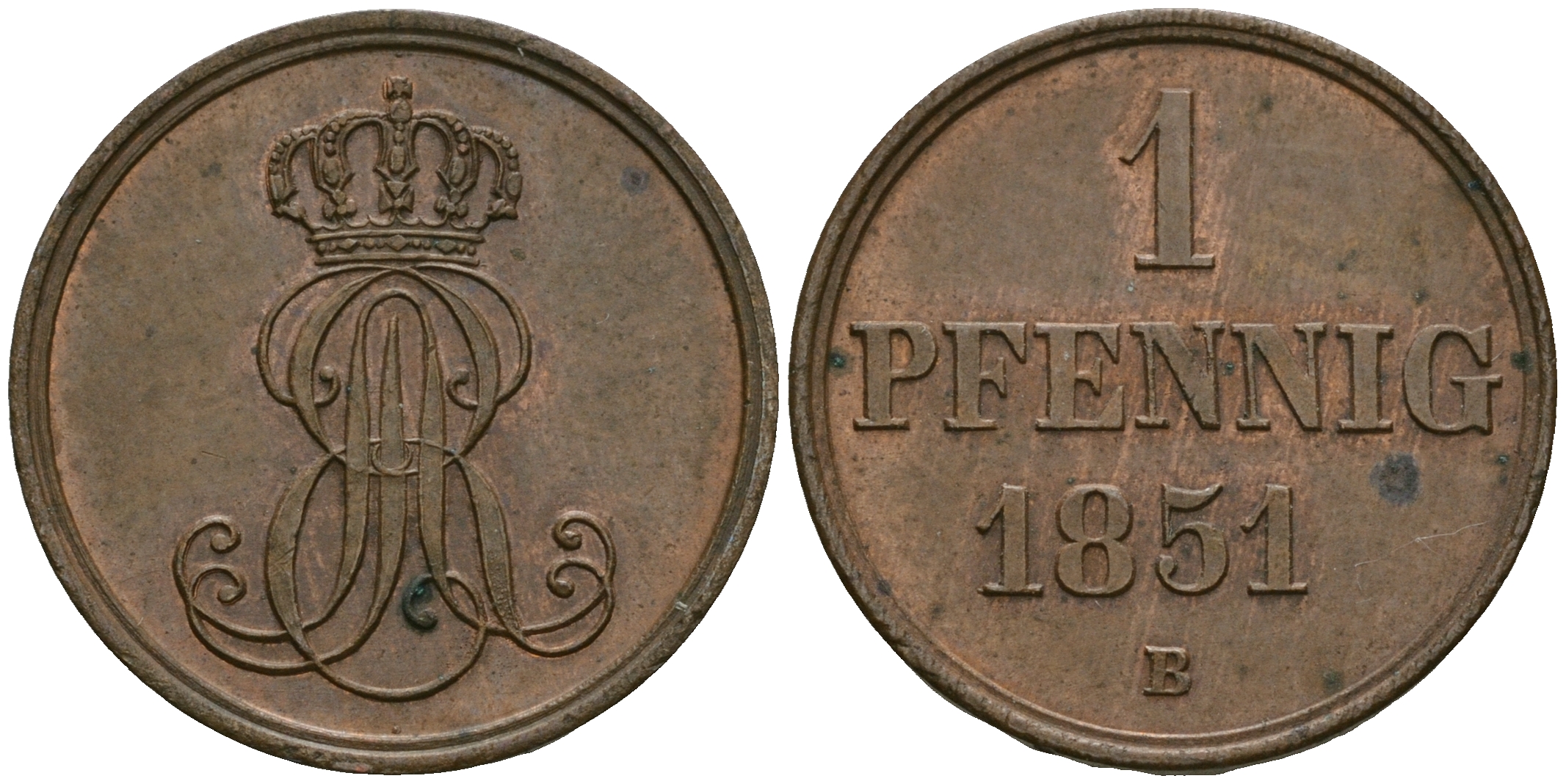 Ганновер 1 пфенниг 1851 B, Эрнст Август (1837-1851) KM 201.1, AKS 129, J. 74 медь 4608-1121