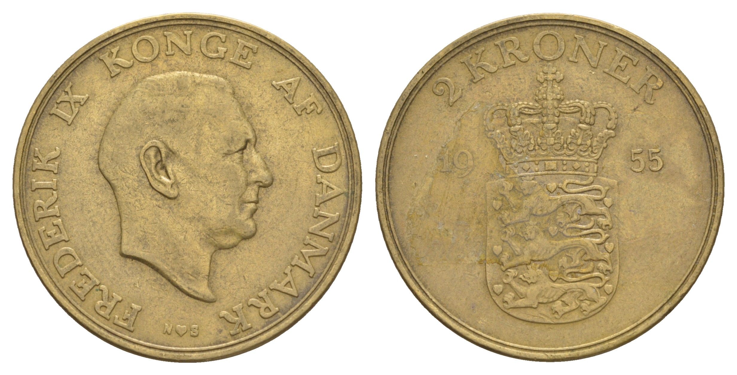 Дания 2 кроны 1955 N, Фредерик IX (1947-1972) KM 838 алюминиевая бронза 4653-1143