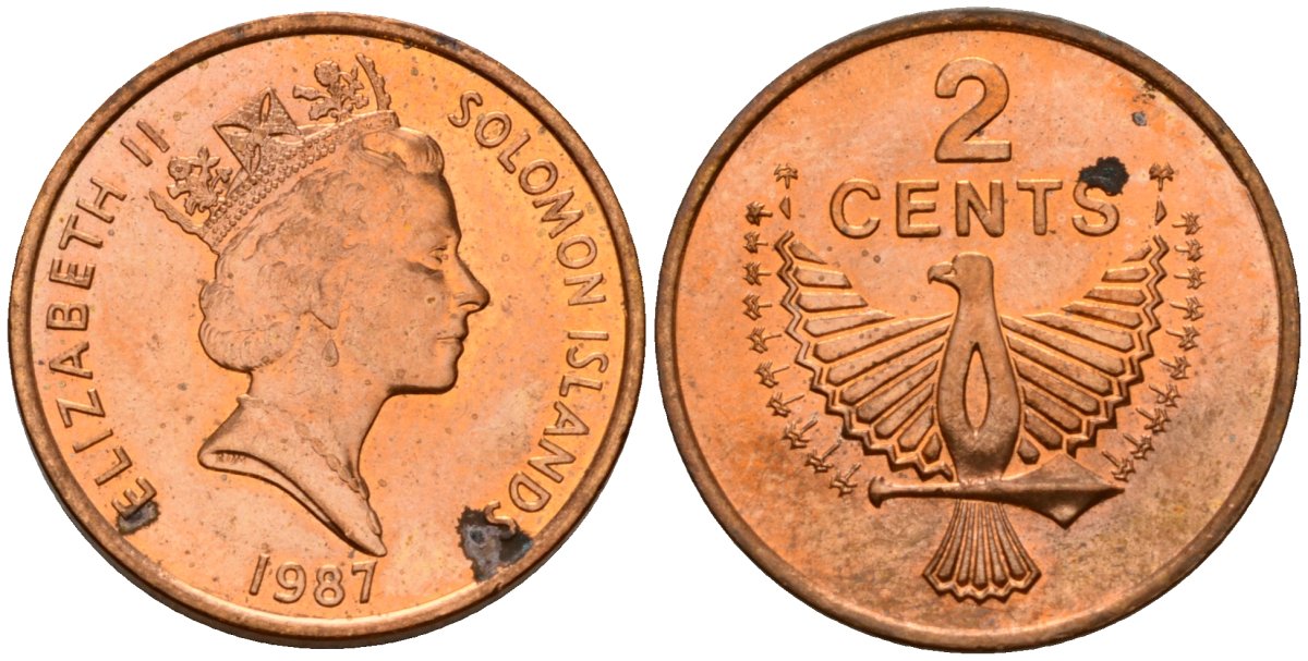 Соломоновы Острова 2 цента 1987 Елизавета II (1953-) KM 25 сталь плакированная бронзой aUNC 4566-253
