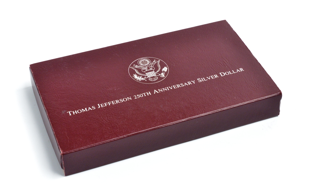 США 1 доллар 1993 S, 250 лет со дня рождения Томаса Джефферсона, в оригинальной коробке KM 249 серебро PROOF 00-000-00