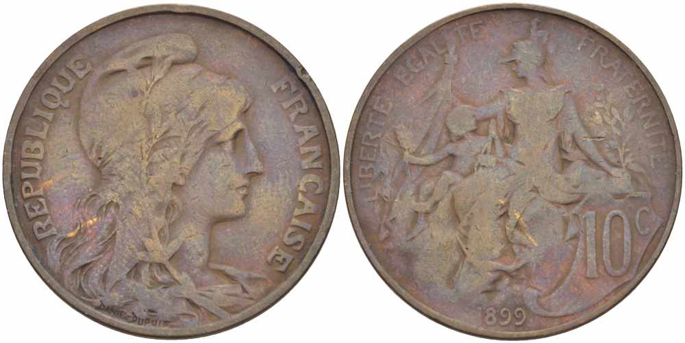 ФРАНЦИЯ 10 САНТИМОВ 1899 ТИП ДАНИЭЛЬ ДЮПЮИ KM 843, LA FRANC 136.8 бронза 109-131