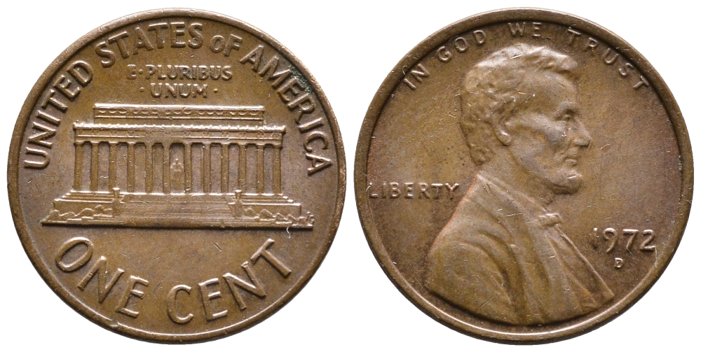 США 1 ЦЕНТ 1972 D, ЛИНКОЛЬН KM 201 медь цинк 4364-841