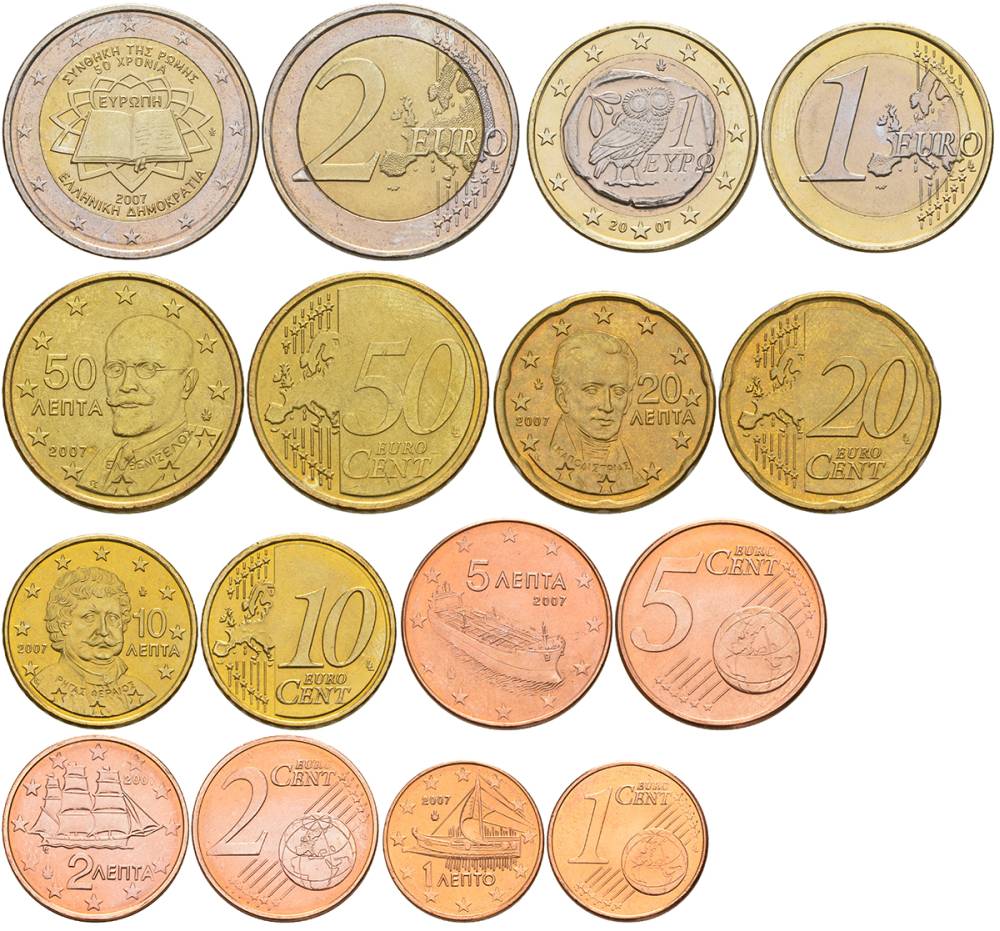ГРЕЦИЯ ЕВРОНАБОР ИЗ 8 МОНЕТ 2007 1, 2, 5, 10, 20, 50 ЕВРОЦЕНТОВ, 1 И 2 ЕВРО UNC 68-941