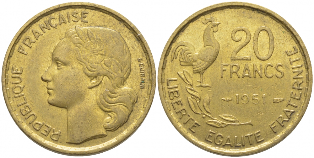ФРАНЦИЯ 20 ФРАНКОВ 1951 ПЕТУХ, 4 ПЕРА KM 917.1, LE FRANC 402.7 3856-433 алюминиевая бронза 3856-433