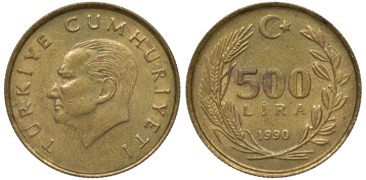 Турция 500 лир 1990 Кемаль Ататюрк KM 989 алюминевая бронза 62-1232