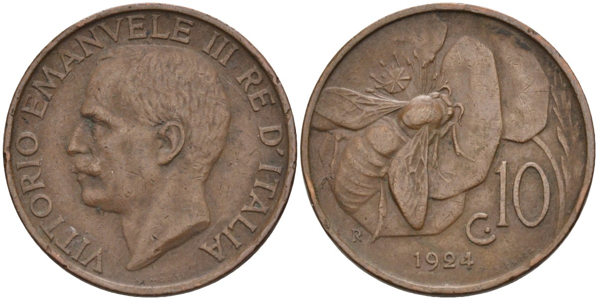 Италия 10 чентезимо 1924 R, пчела, Виктор Эммануил (1900-1946) KM 60 медь 4116-1251
