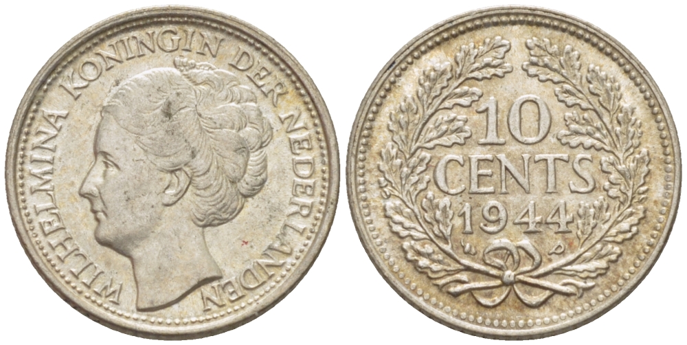Нидерланды 10 центов 1944 Вильгельмина (1890-1948) KM 163 серебро aUNC 66-1246