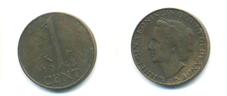 Нидерланды 1 цент 1948 Вильгельмина (1890-1948), год тип KM 175 бронза 83-911