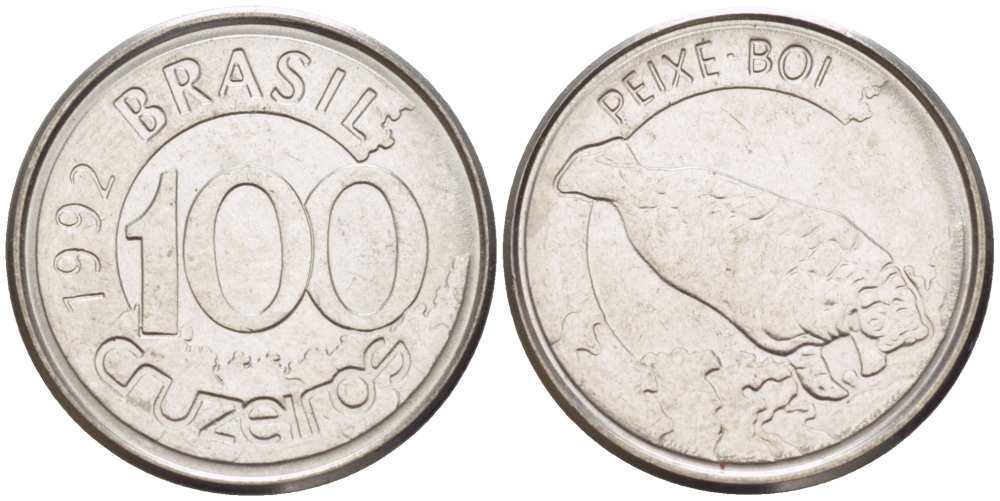 БРАЗИЛИЯ 100 КРУЗЕЙРО 1992 РЕФОРМА 1990-1993, ЛАМАНТИН KM 623 нержавеющая сталь 4392-752